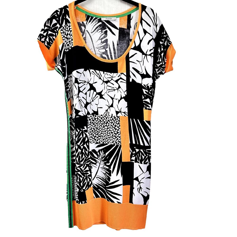 TUZZI Women Tunic Sweater Mini Dress Cap Sleeve Floral Abstract Print Sz 6/8